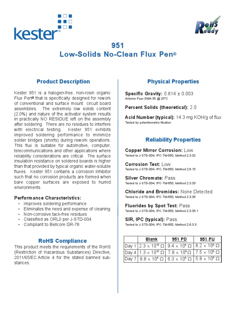 951 Flux Pen Data Sheet PDF Soldering Printed Circuit Board