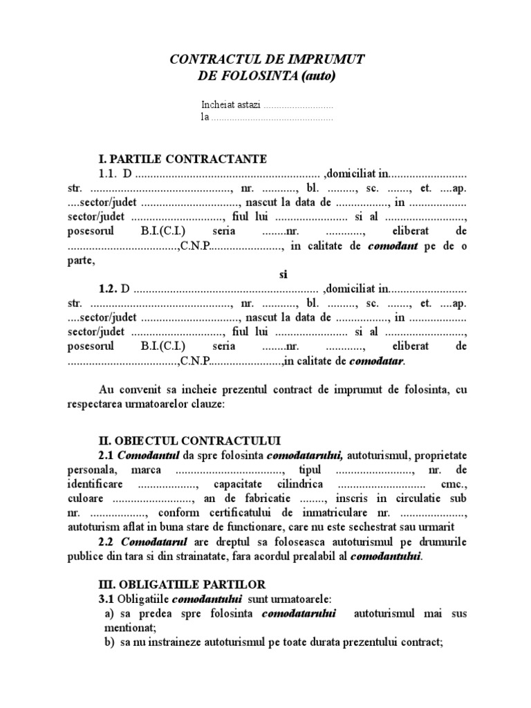 Contract de Comodat Auto | PDF