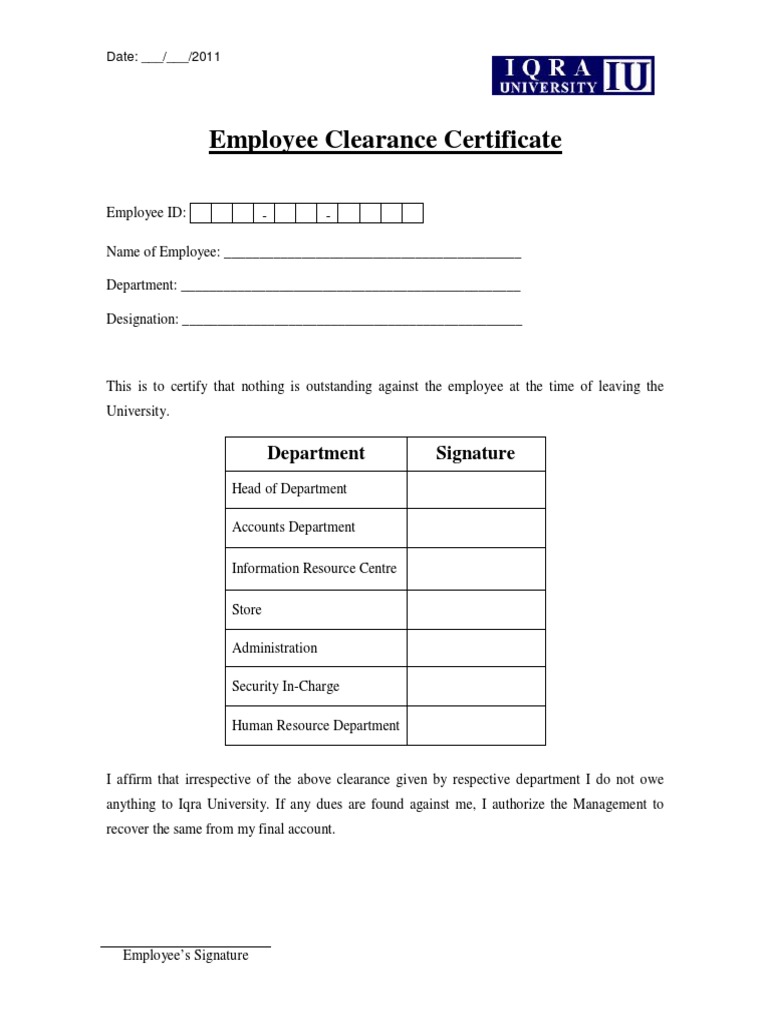 Employee Clearance Certificate PDF