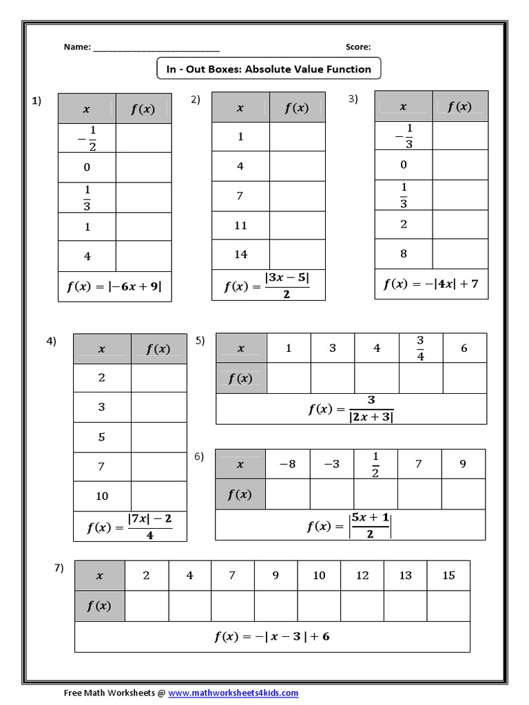 Absolute Value Function Worksheets | PDF