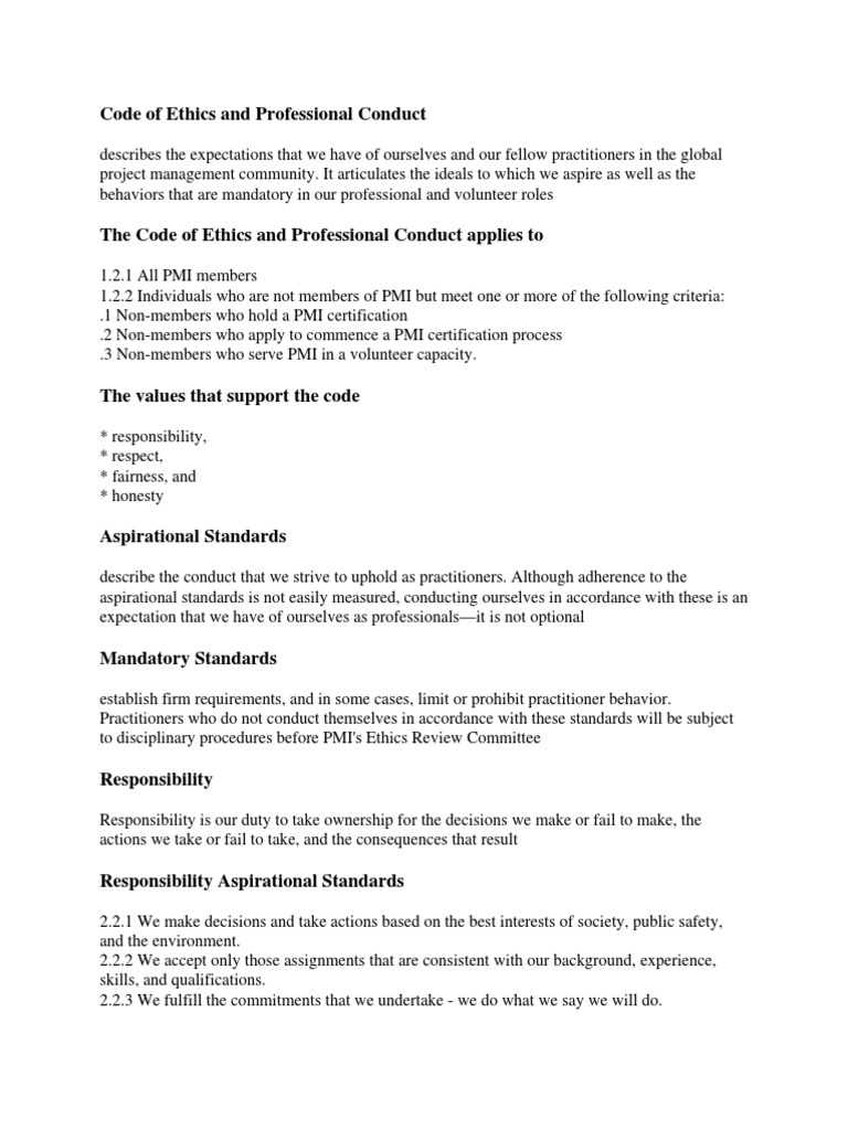 PMI Code of Ethics and Professional Conduct Conflict Of Interest