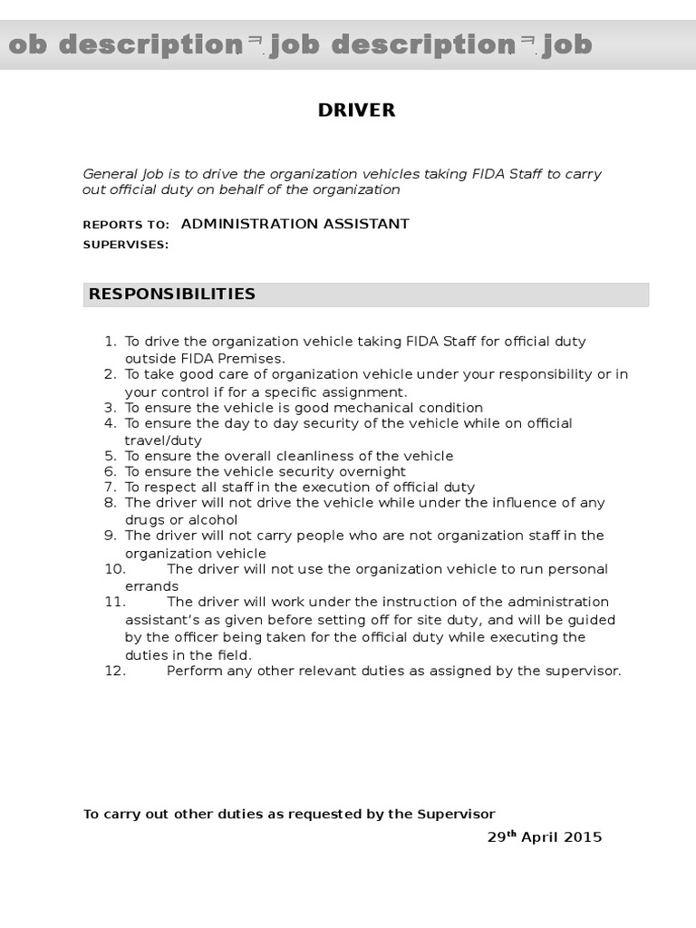 Driver Job Description PDF