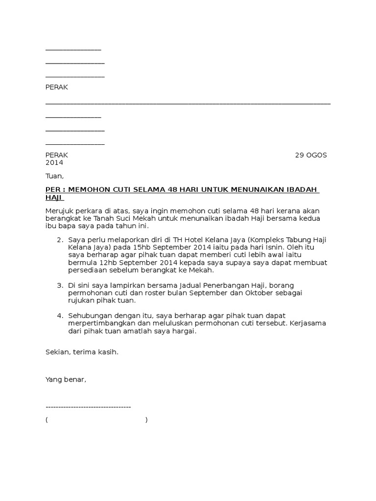 Surat Mintak Cuti Untuk Kemoterapi