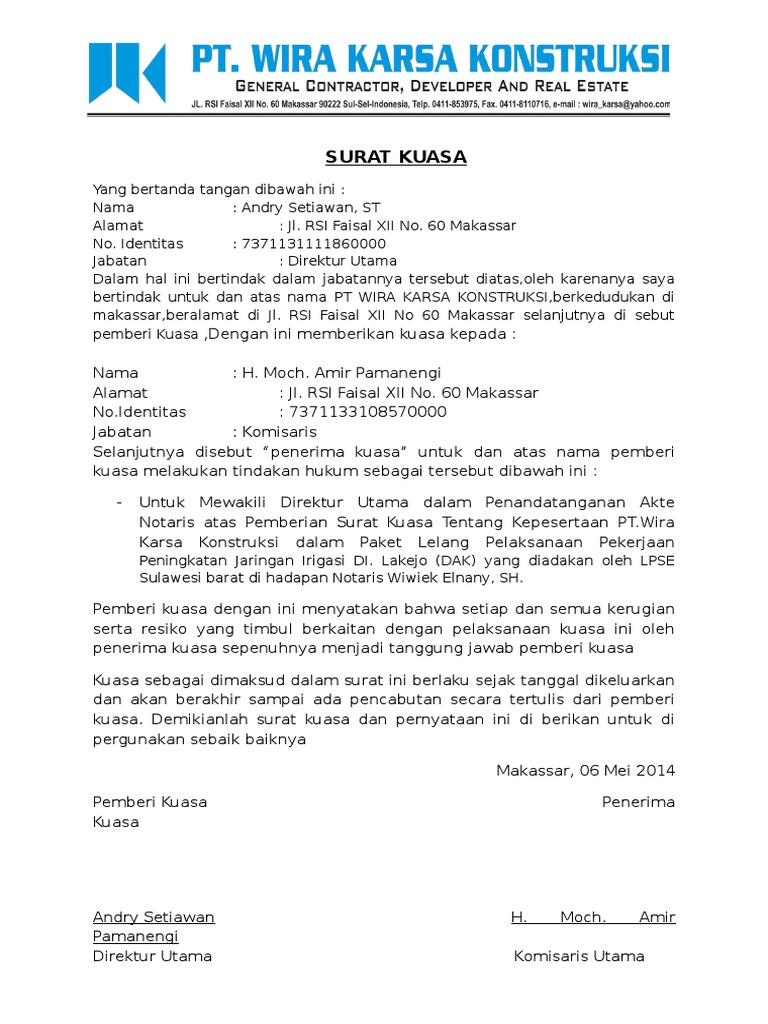 Contoh Surat Kuasa Dari Bank Sulselbar