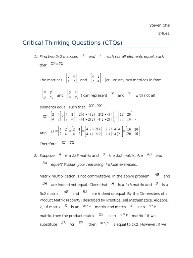Chapter 4 Part 1 Ctq Matrix Mathematics Multiplication