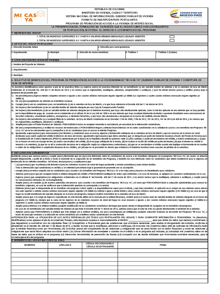 Formulario de inscripción al Programa Mi Casa Ya.pdf Salario mínimo