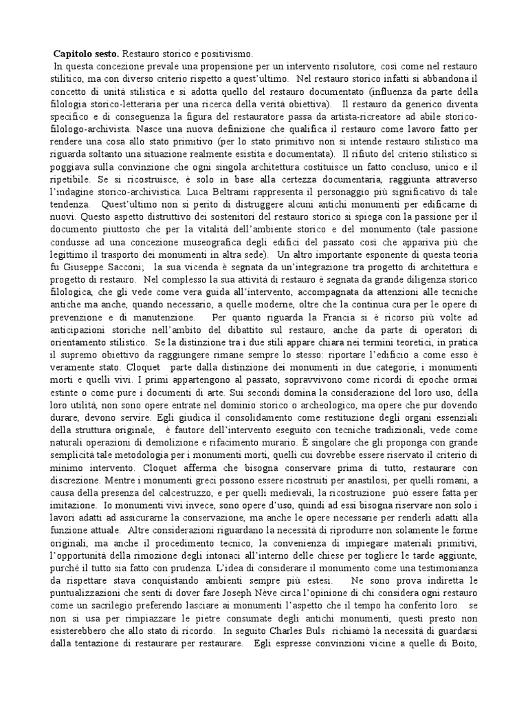Avvicinamento al restauro carbonara riassunto