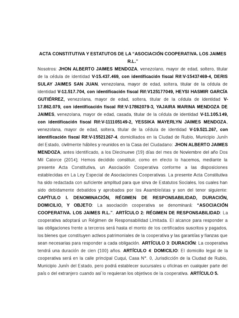 Acta Constitutiva Cooperativas Los Jaimes | PDF | Cooperativa | Contabilidad