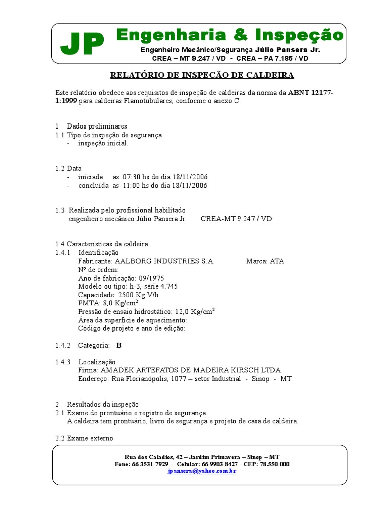 Relatório de Inspeção de Caldeira Amadek | PDF | Caldeira | Engenharia