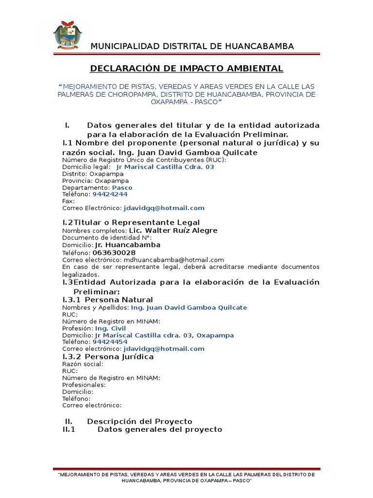 Estudio de Impacto Ambiental Pistas y Veredas Las Palmeras | PDF ...