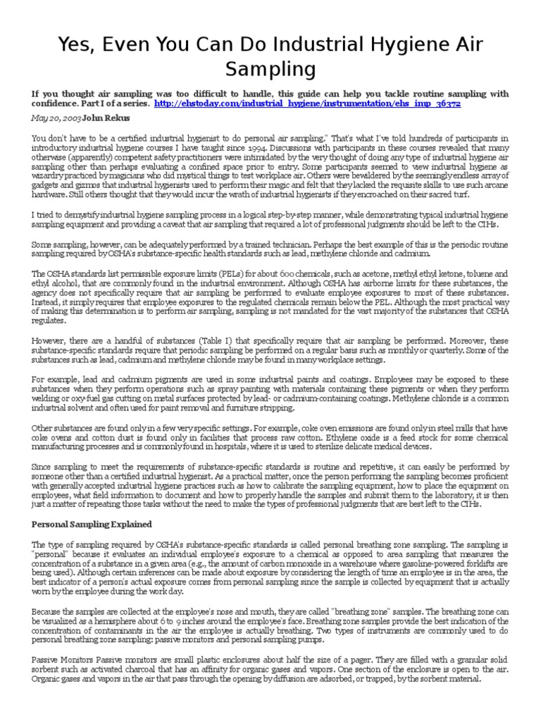 Industrial Hygiene Air Sampling Occupational Hygiene Occupational