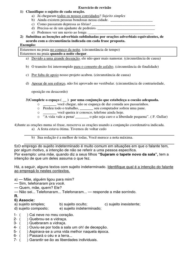 Exercicios Tipos de Sujeitos, PDF, Assunto (gramática)