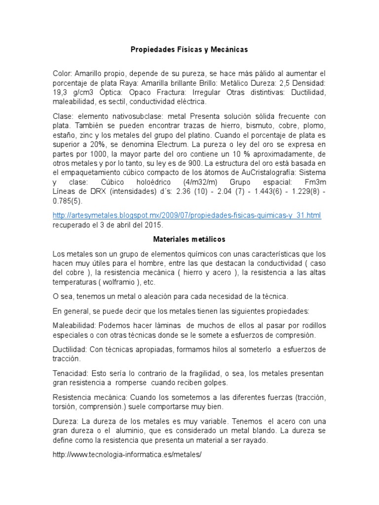 Propiedades Físicas y Mecánicas Del Oro Metal no ferroso