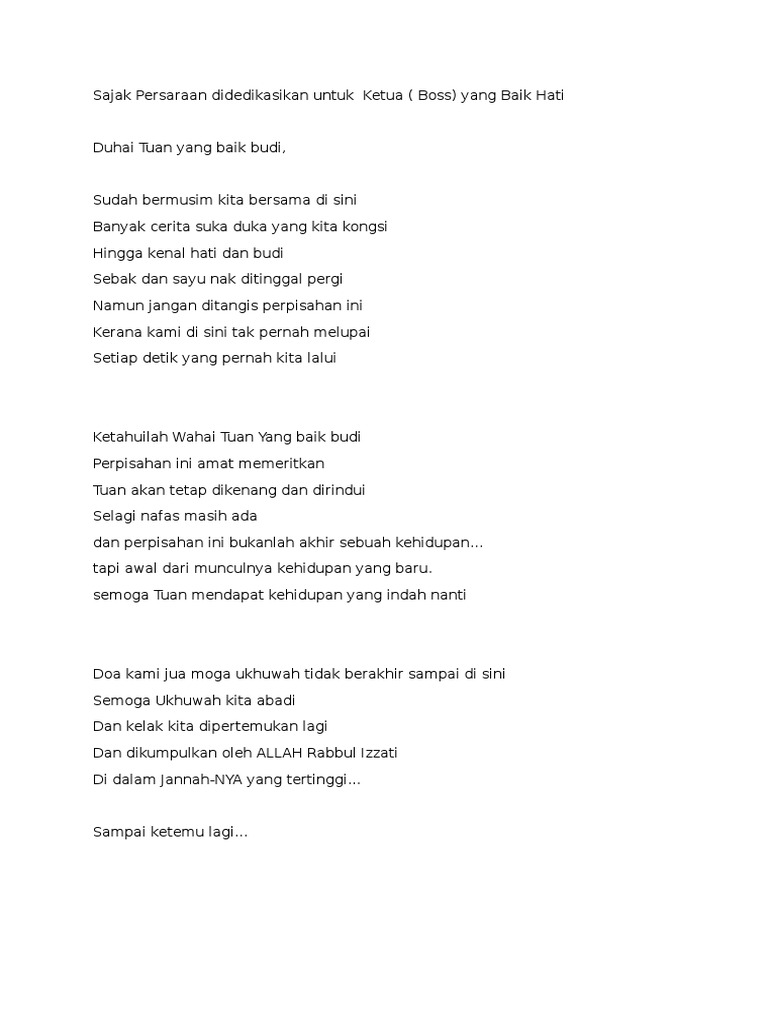 Sajak Persaraan Di Dedikasikan Untuk Ketua Pdf