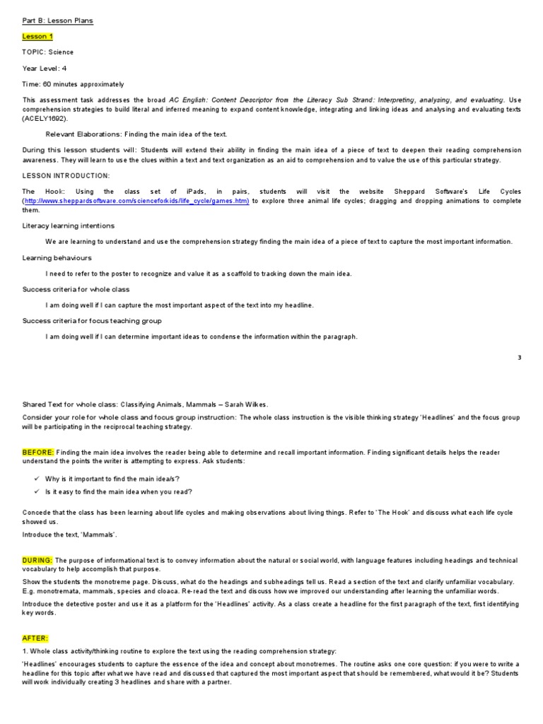 Year 4 Science Lesson Plans: Comprehension Strategies | PDF | Reading ...