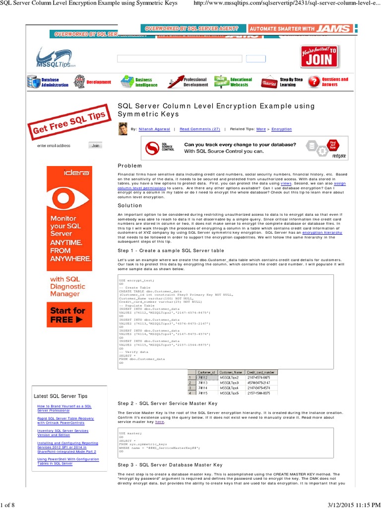 SQL Server Column Level Encryption Example Using Symmetric Keys | PDF ...