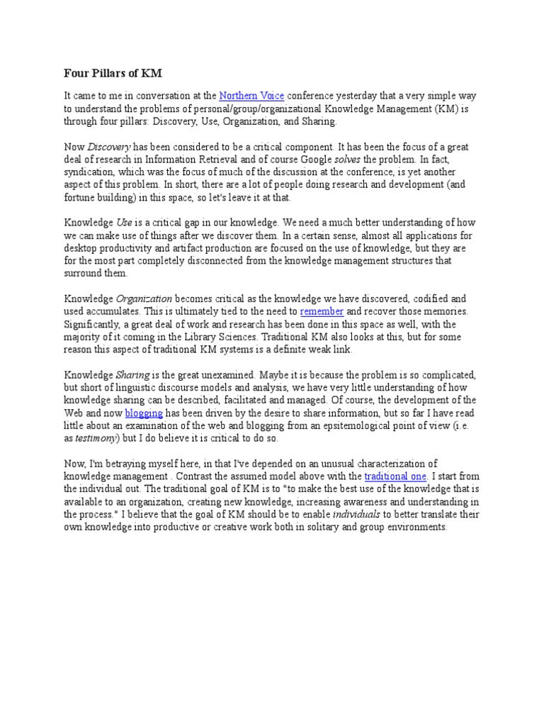 Four Pillars of KM and Tacit Knowledge PDF Tacit Knowledge