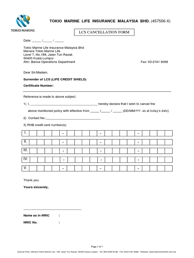 LCS Cancellation Form for Tokio Marine | PDF