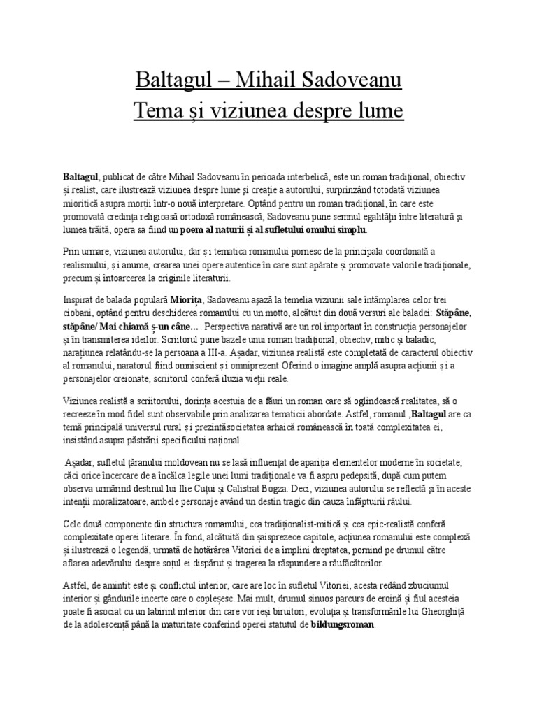Baltagul Tema Si Viziunea Despre Lume