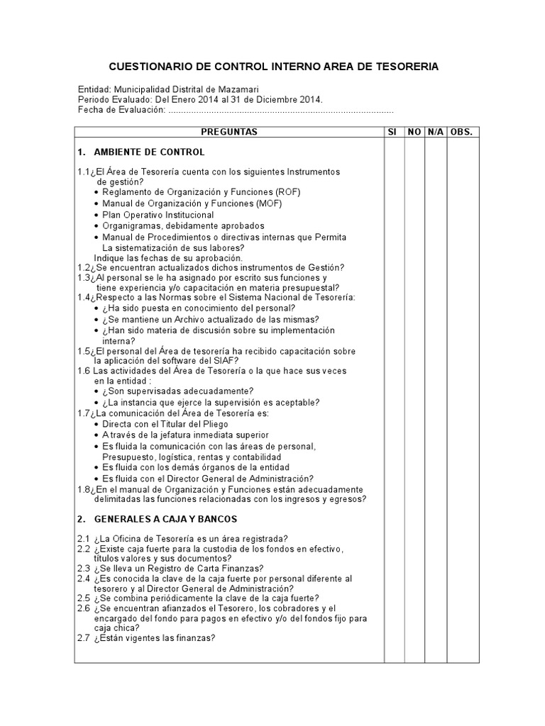 Cuestionario de Control Interno en Tesorería | PDF | Cheque | Pagos