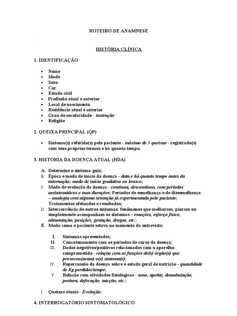 Roteiro de Anamnese, PDF, Especialidades médicas