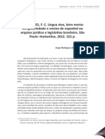 Resenha do livro de Fernanda Castelano Rodrigues: Língua viva, letra morta: obrigatoriedade e ensino de espanhol no arquivo jurídico e legislativo brasileiro