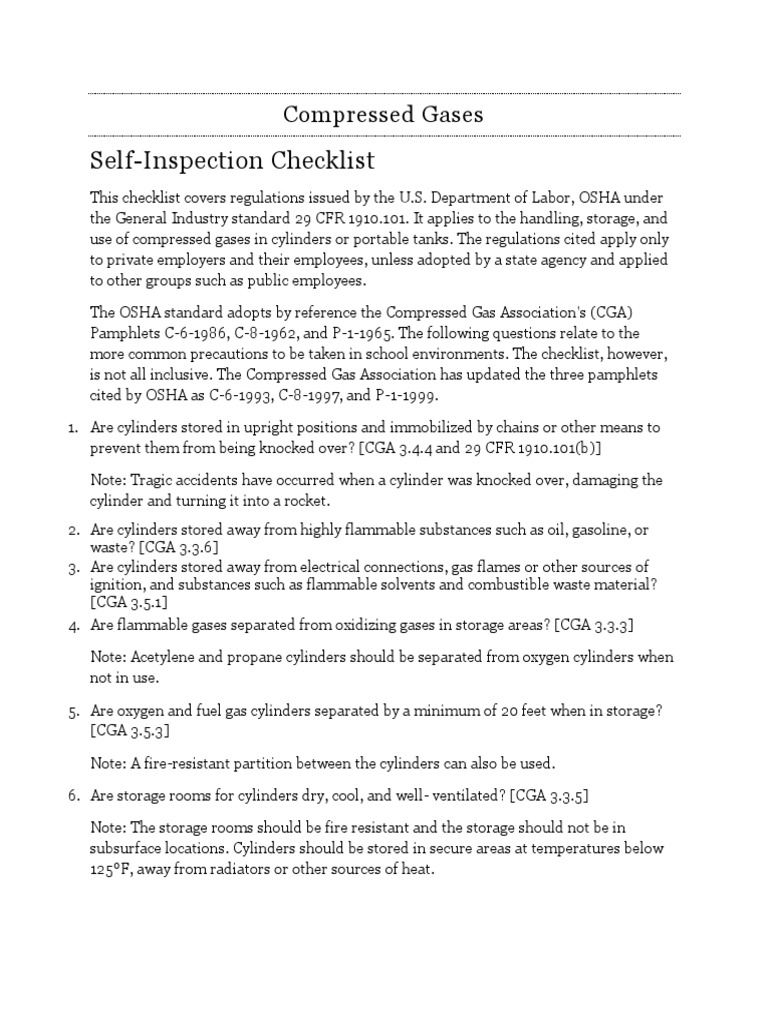Compressed Gases Self Inspection Checklist Download Free PDF Gases