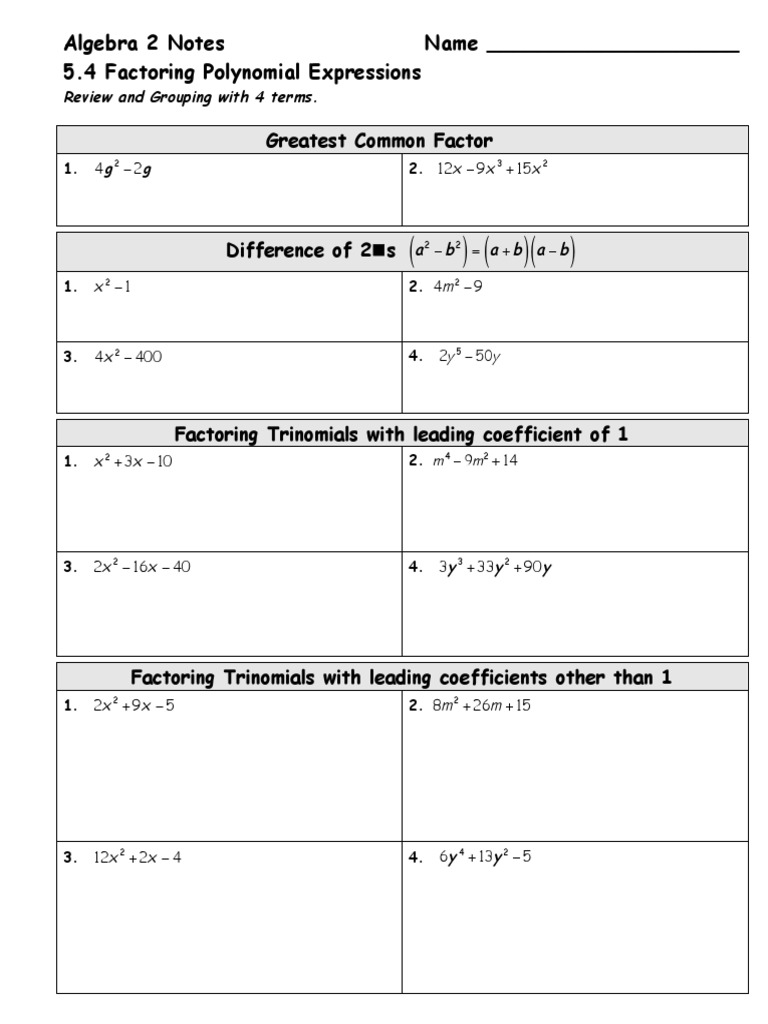 Greatest Common Factor: Algebra 2 Notes Name - 5.4 Factoring Polynomial ...