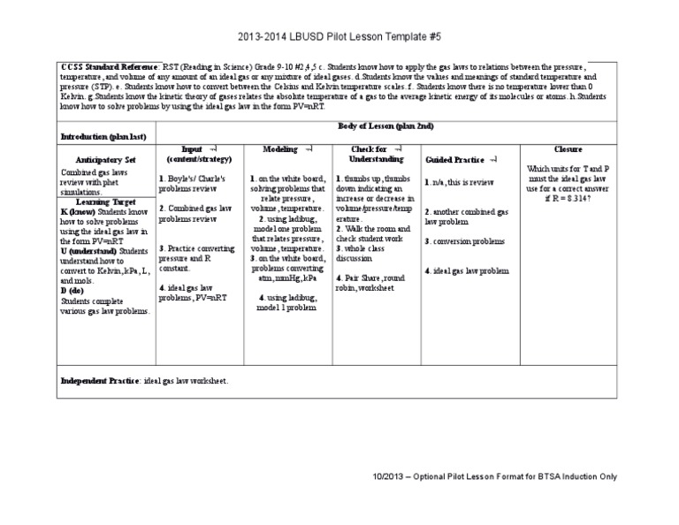 Ideal Gas Law Lesson Plan for Grades 9-10 | PDF