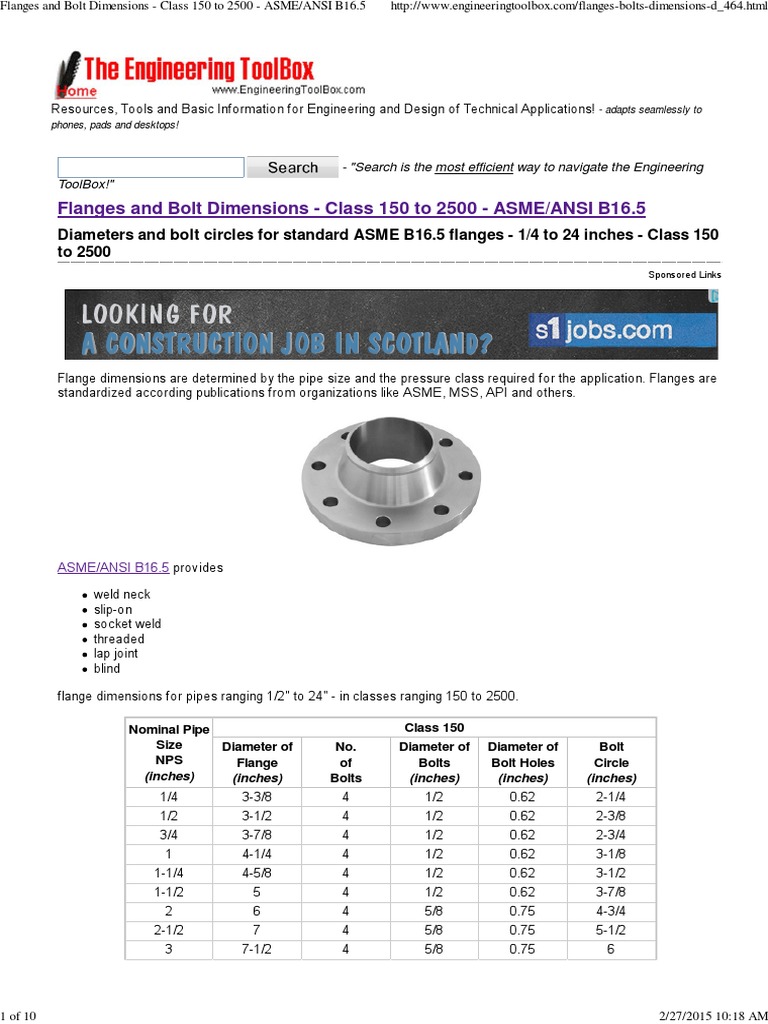 Flanges and Bolt Dimensions - Class 150 To 2500 - ASME/ANSI B16.5 | PDF ...
