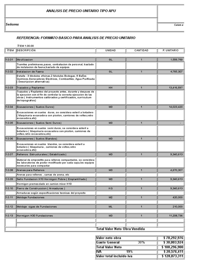 Análisis de Precio Unitario APU Calama | PDF | Bienes manufacturados ...