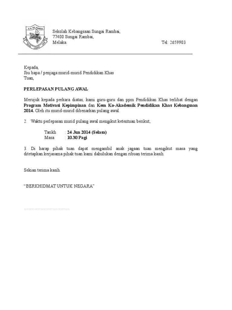 Contoh Surat Kebenaran Balik Awal Dari Asrama