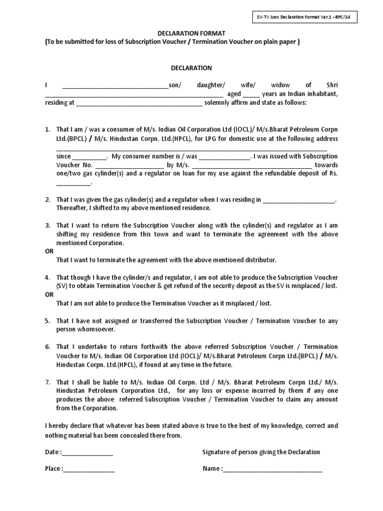 Declaration Format Loss of SV TV | PDF | Petroleum Industry | Petroleum