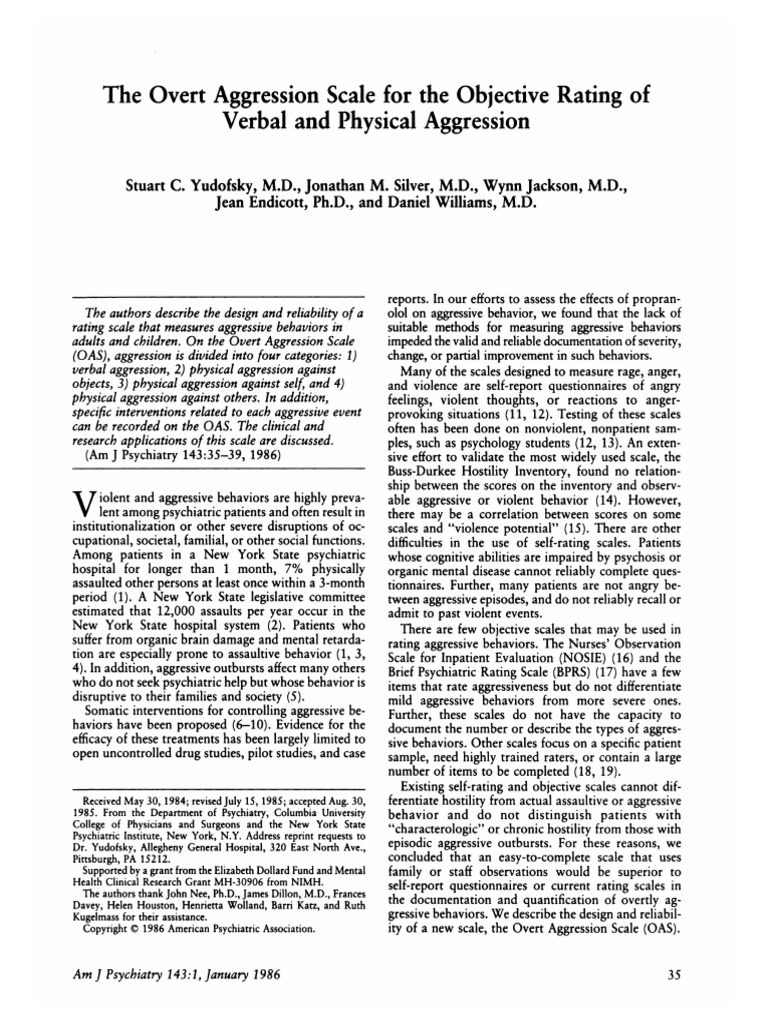 The Overt Aggression Scale For The Objective Rating of Verbal and ...