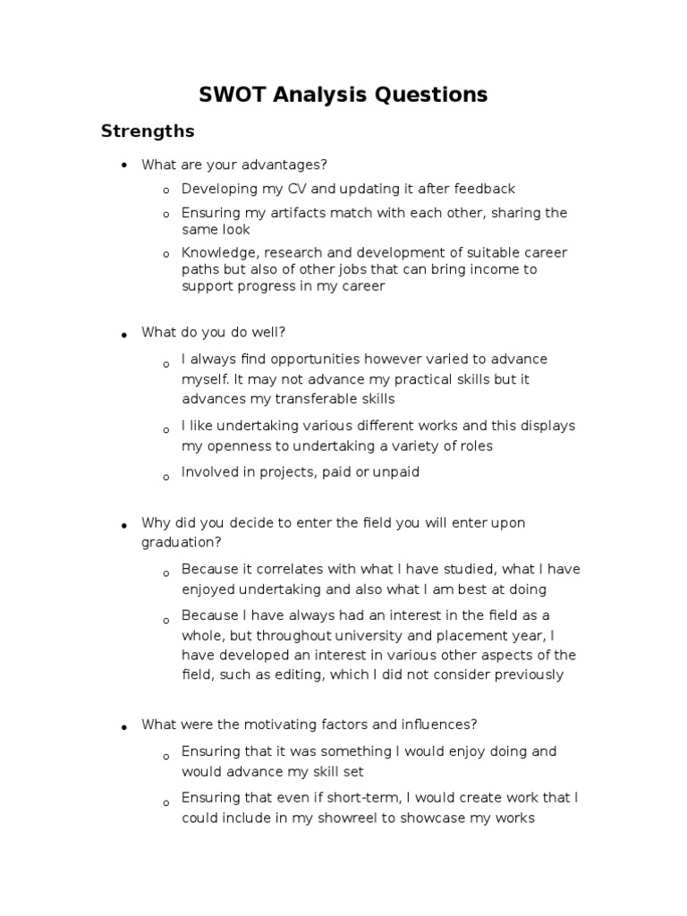 Essential SWOT Analysis Questions | PDF | Copy Editing | Leadership