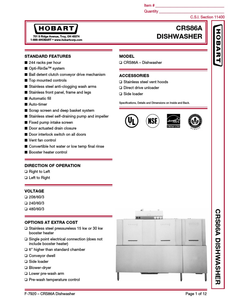 Hobart CRS86A Dishwasher PDF Dishwasher Thermostat