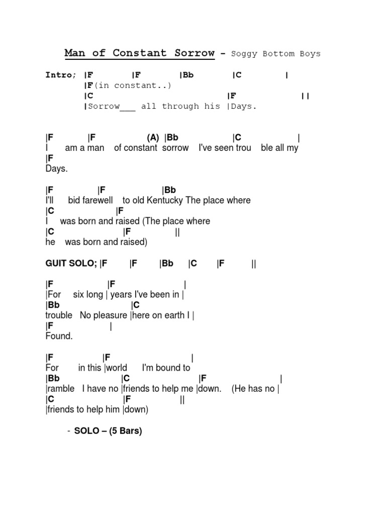 Man Of Constant Sorrow Lyrics Chords In F Soggy Bottom Boys Songs American Music Articles Needing Attention