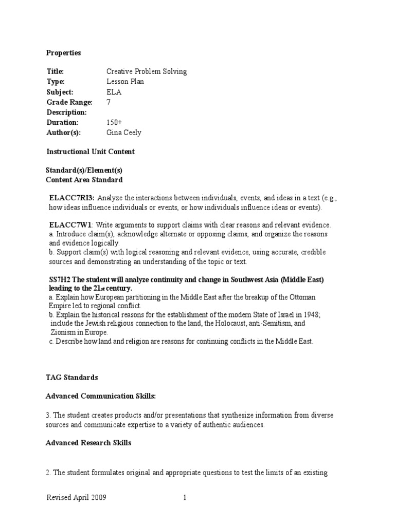 Creative Problem Solving Lesson Plan Reason Creativity