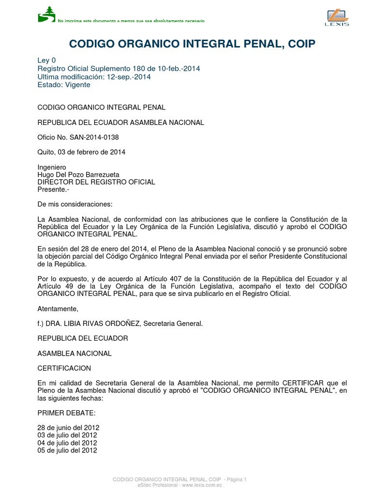 Codigo Organico Integral Penal Ecuador PDF Derecho penal Ley