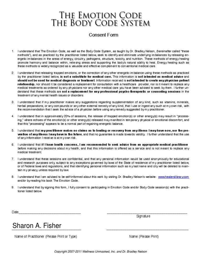 Emotion CodeBody Code Consent Agreement PDF Physician Personally
