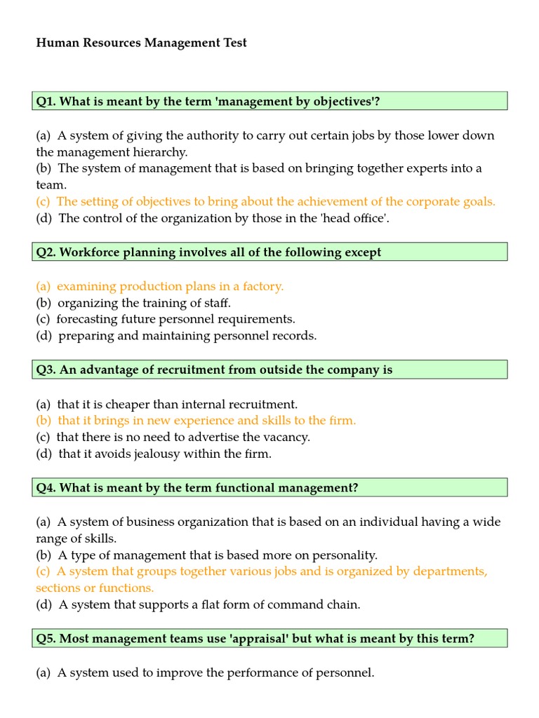 Human Resources Management Test MCQ PDF Recruitment Human