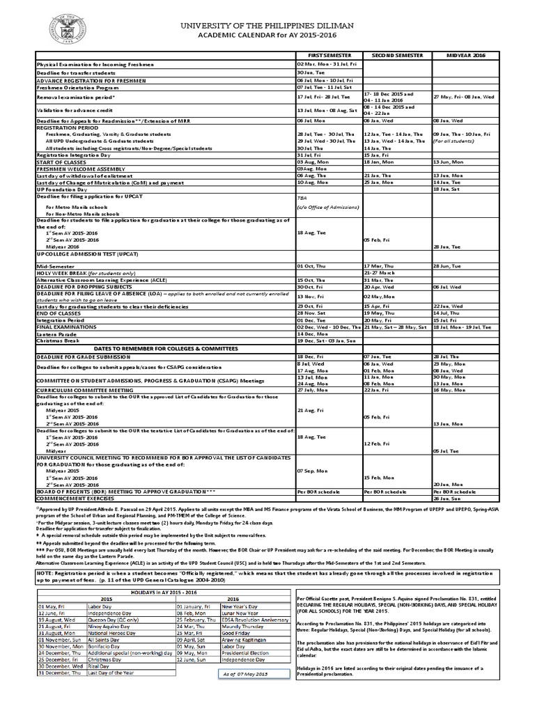 Academic Calendar of UP Diliman SY 2015-2016 | PDF | Academic Term | Academia