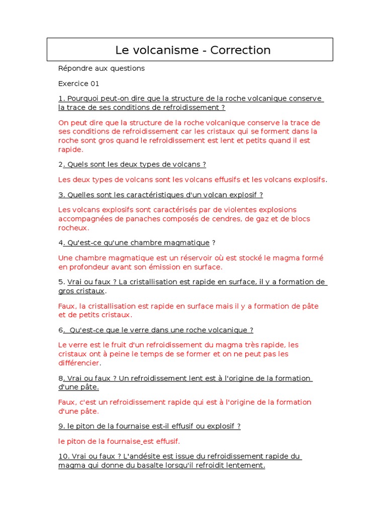 Les Oubliés De Vulcain Questionnaire Réponse Le Volcanisme Correction | PDF | Volcan | Lave