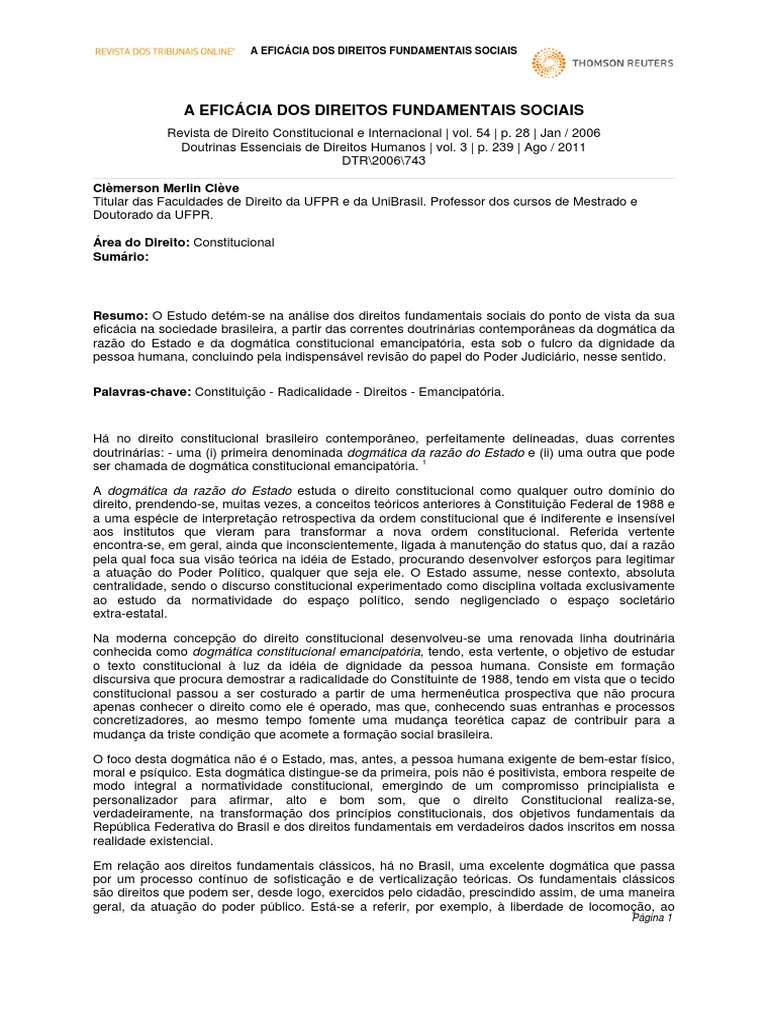 Clèmerson Merlin Clève A Eficácia Dos Direitos Fundamentais Sociais
