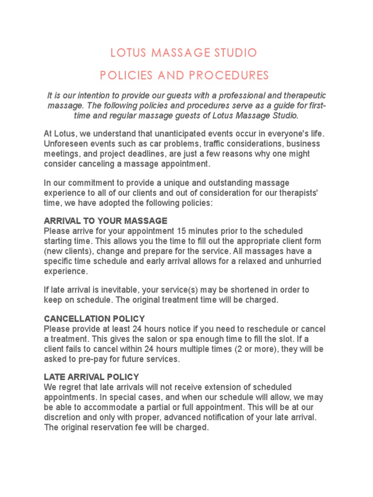 Policies and Procedures  PDF  Massage  Therapy With Regard To massage cancellation policy template