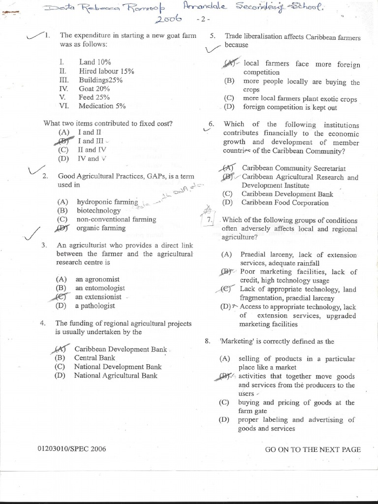 Csec agricultural science 2006 specimen paper 1 pdf