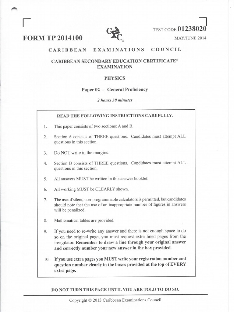 CSEC Physics Paper 2 2014