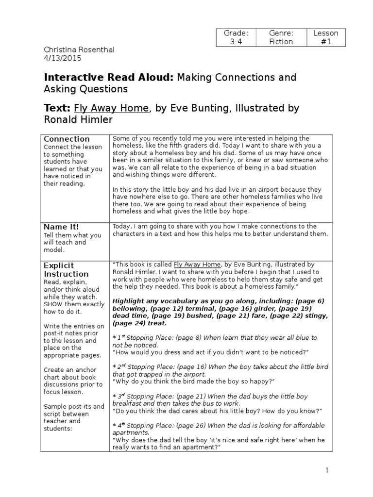 Interactive Read Aloud Fly Away Home Lesson Plan 4 13 2015