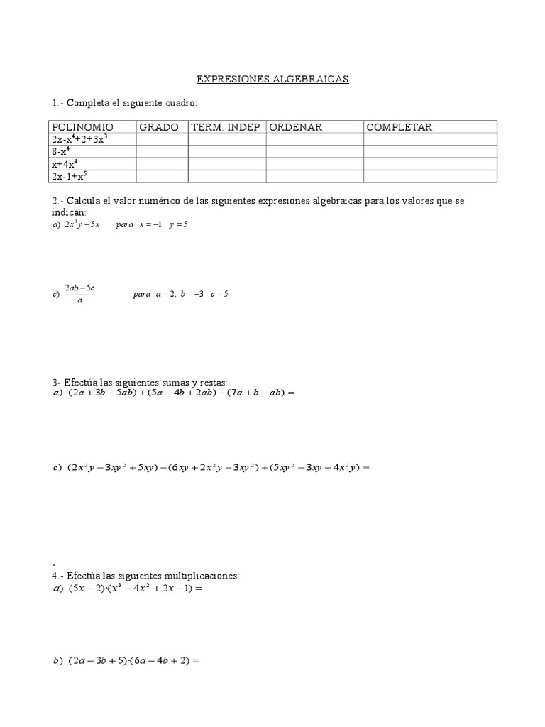 Ejercicios de Expresiones Algebraicas | PDF | Exponenciación ...