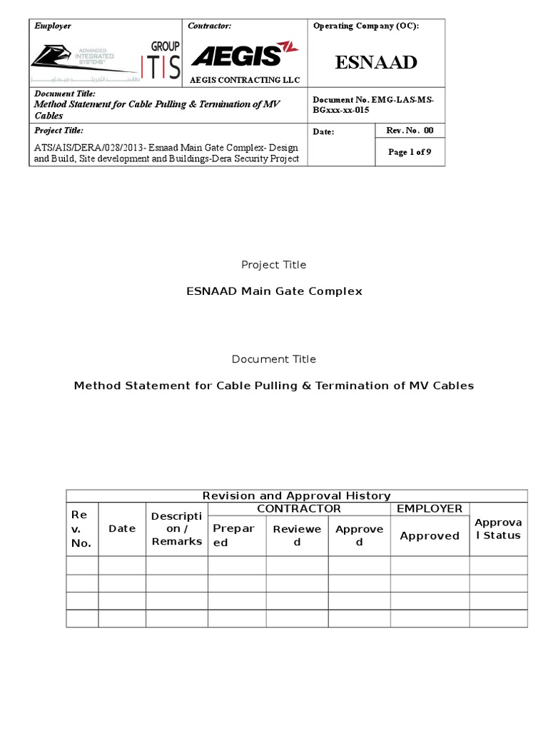 MV Cable Pulling and Installation Method Statement PDF Cable